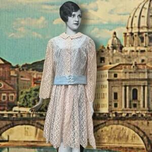 Vintage 1950s Shirt Dress Sheer Pink Lace 3-Piece Blue Underdress & Belt Flapper